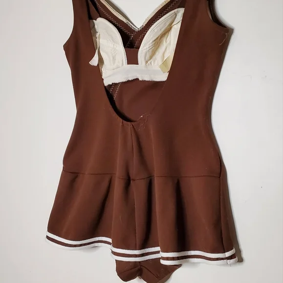 60s Sweetheart Brown Vintage One Piece Swimsuit with White Striped Lining - Picture 9 of 13